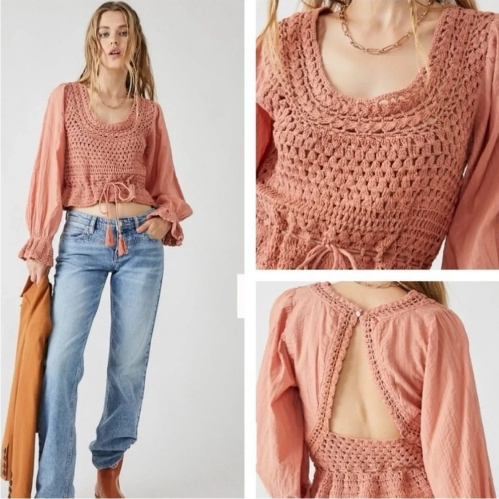 Free People Megan Long sleeves cut out back Crochet crop Top size Large